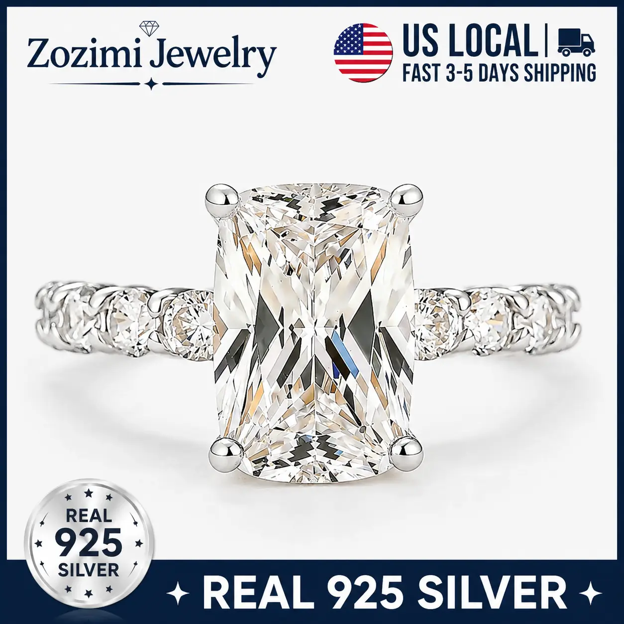 Zozimi 925 Sterling Silver 4ct Elongated Cushion Cut, luxury simple design, with 5A Grade Cubic Zirconia Women's Promise Ring, Perfect Anniversary Gift Ring Jewelry for Women, Elegant All-match Fashion banquet Accessories for Daily wear, Birthday, Wedding