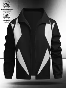 Men's Geometric Patchwork Jacket, Casual Fitted Design with Zipper Pockets, Stylish Woven Fabric for All Seasons Comfortable Wear