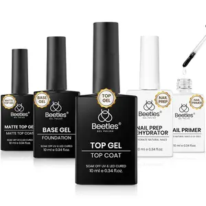 Beetles Gel Top Coat and Base Coat Set with Nail Dehydrator and Primer, 5 Pcs 10ml Glossy & Matte Top Coat Gel Nail Polish Nail Prep Acid-Free and Hema-Free Dehydrate Bond Primer Set for Acrylic