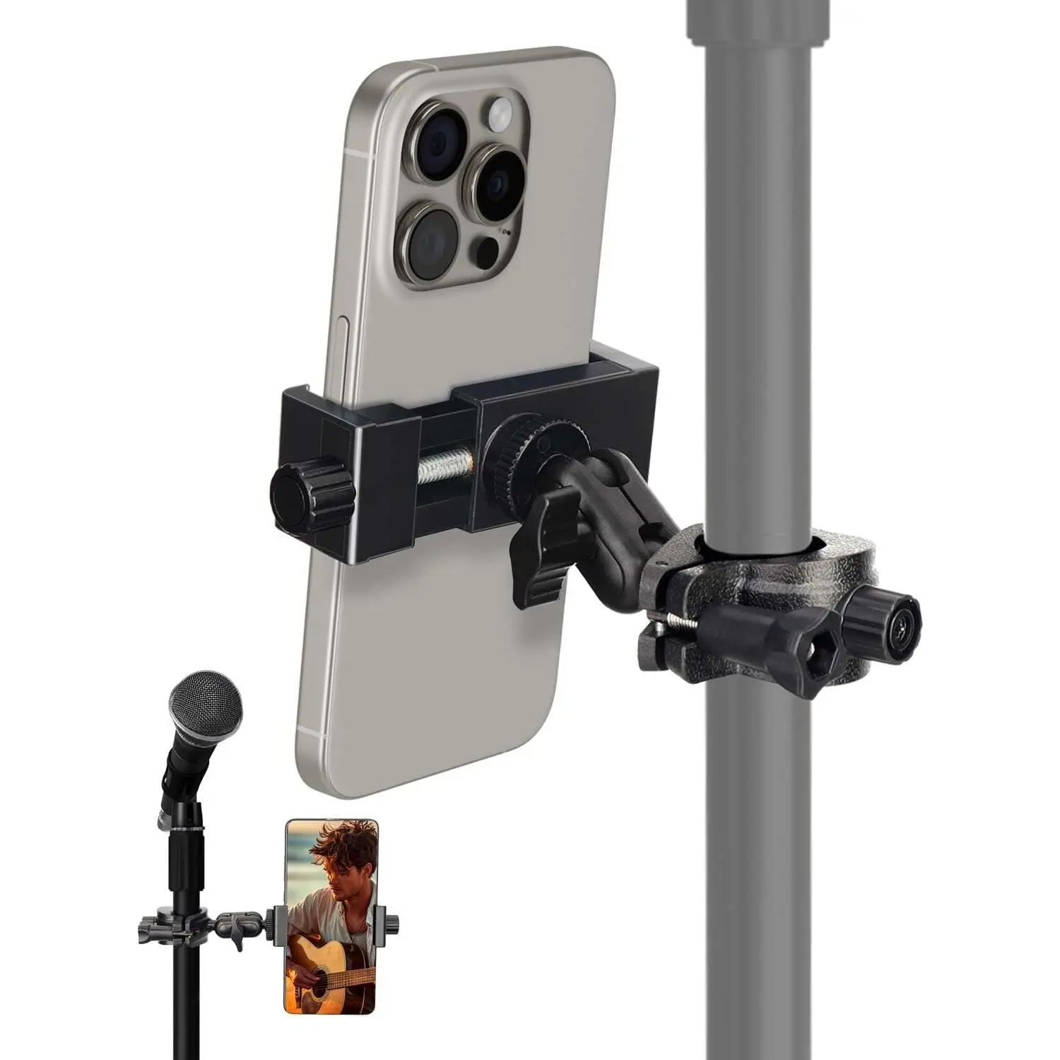 Mic Stand Phone Holder, Phone Holder Mount for Microphone Stand, Music Stand, Guitar Drums, Phone Clamp for  15 14 13 12 11 Plus Pro Max Mini  Galaxy S24 S23 Ultra  Pixel 8 7