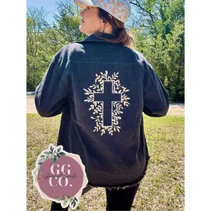 Floral Cross Embroidered Black Denim Jacket, Embroidered Jacket, Christian Denim Jacket, Christian Gift