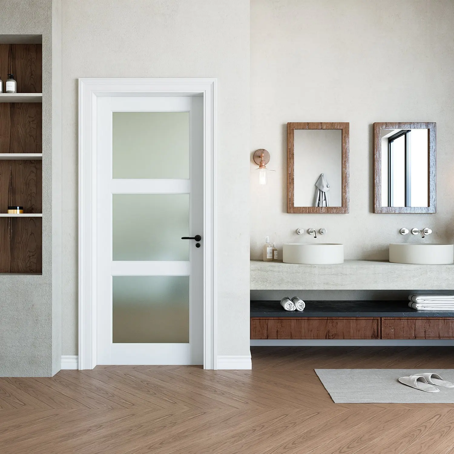 White Preassembled 3-Lite Frosted Glass French Interior Door, MDF Wood Panel Decorative Glass Door, for Utility Room & Pantry Closet, Without Hardware, Interior Doors, Frosted Glass Doors