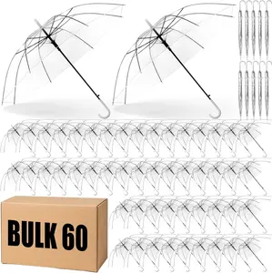 60 Pack Clear Wedding Umbrellas Bulk Transparent Auto Open Stick Windproof Waterproof Large Canopy Umbrella with White European J Hook Handle for Wedding Bride Groom Photography Golf