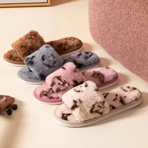 Fluffy Slippers Indoor Autumn Winter Shoes Home Flats for Women & Girls Ultra Soft Plush Faux Fur Marbled Pattern Cushioned Sole Comfortable Open-Toe Slip-On