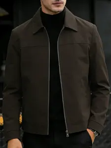 Men's handsome casual jacket, made of polyester fiber, easy to maintain fabric, zipper closure design, light business style lapel jacket, machine washable, suitable for daily outings, sports and leisure, and formal wear - Spring and Autumn