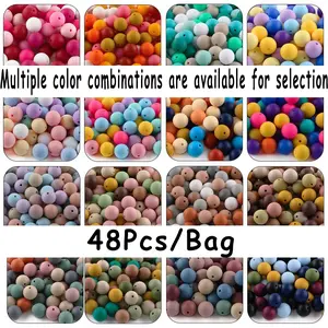 48pcs silicone solid color round beads Bead Assortment in 6 color combinations suitable for DIY bead pens, pendants, keychains, bracelets, necklaces, etc