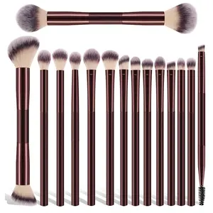 15pcs Professional Soft Long Aluminum Tube Makeup Brush Set - Contoured Foundation, Eyeshadow, Eyebrow, Blending, Highlight, Concealer Brushes with Long Handles for Powder, Liquid, Cream, Daily Use & On-the-Go, Contoured Foundation Brush