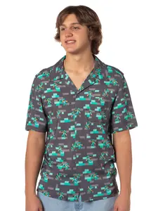 Minecraft Shirt Diamond Armor Steve Hawaiian Button Down Camp Collar Short Sleeve Shirt