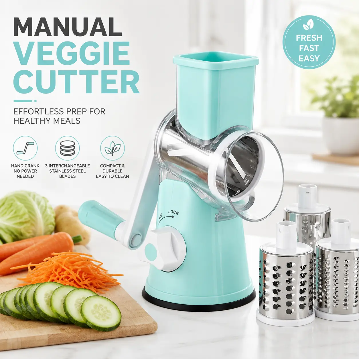 MIUVA Manual Rotary Cheese Grater-Shredder, 3-in-1 Stainless Steel Slicer with 3 Blades, 10x Faster Than Hand Grater, Cord-Free Kitchen Freedom, No Skill No Strength for Vegetables Nuts Chocolate, Thanksgiving Kitchen Utensils Value Pack, Holiday Gift Set