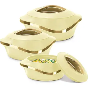 Insulated Casserole Dish with Lid 3 pc Set 2.1/1.5/1 qt.Hot Pot Food Warmer/Cooler –Thermal Soup/Salad Serving Bowl- Stainless Steel Hot Food Container–Best Gift Set for Moms –Holidays Bakeware Kitchen Fruit Beige Gold