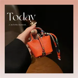 Mini Vegetable Basket Bag Pendant High-Quality Leather Car Keychain Earphone Bag with Colorful Strap for Everyday Use Versatile Accessory