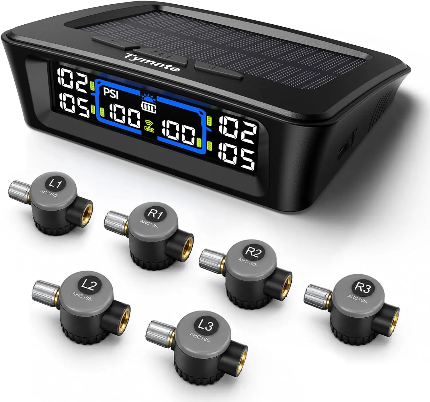 Tymate TM12 RV Tire Pressure Monitoring System, 6 Flow-Thru Sensors TPMS | Max. 12 Tires Info Monitoring, Easy to Inflate, 6 Alarm Modes, Solar/USB Charge, 50ft Range, 0-144PSI for RV/Trailer/Truck