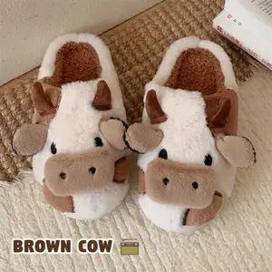 Women's New Fashion Trendy Cartoon Cow Head Indoor Outdoor Cotton Slippers, Fluffy Home Slippers, Winter Casual Warm Home Shoes, Anti-Slip Lightweight Unisex
