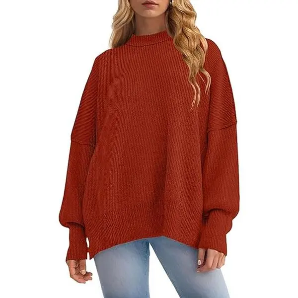 ZESICA Women's Fall 2025 Casual Long Sleeve Crew Neck Side Slit Oversized Ribbed Knit Pullover Sweater Tops