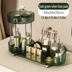 Rotating Makeup Organizer for Vanity,2Tier Perfume Cosmetic Skincare Organizers with Brush Holder Green for Christmas New Year Home Use
