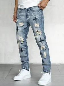jeans pants for men Fashion Casual Star Embroidery Denim Pants Straight Comfort Mid Waist Slim Fit Blue Trousers Stylish Pockets Streetwear