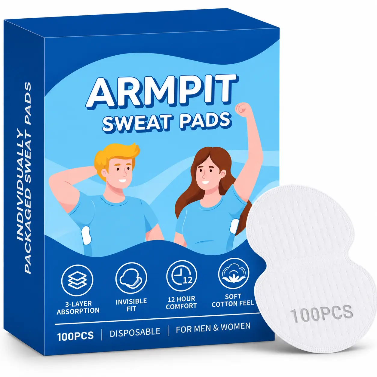 Armpit Sweat Pads for Women and Men, Underarm Sweat Pads can Easily Absorb Sweat and Neutralize Odors, Individually Packaged Sweat Pads for Under Arms Stay Confident (100 Count (Pack of 1))