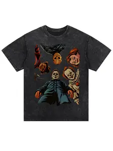 Black T-Shirt with Horror Characters and Skulls Print Scary Halloween Graphic Tee for Men Women Spooky Costume Party Shirt with Creepy Skull Design Trendy October Fall Outfit Top for Horror Fans Casual Streetwear