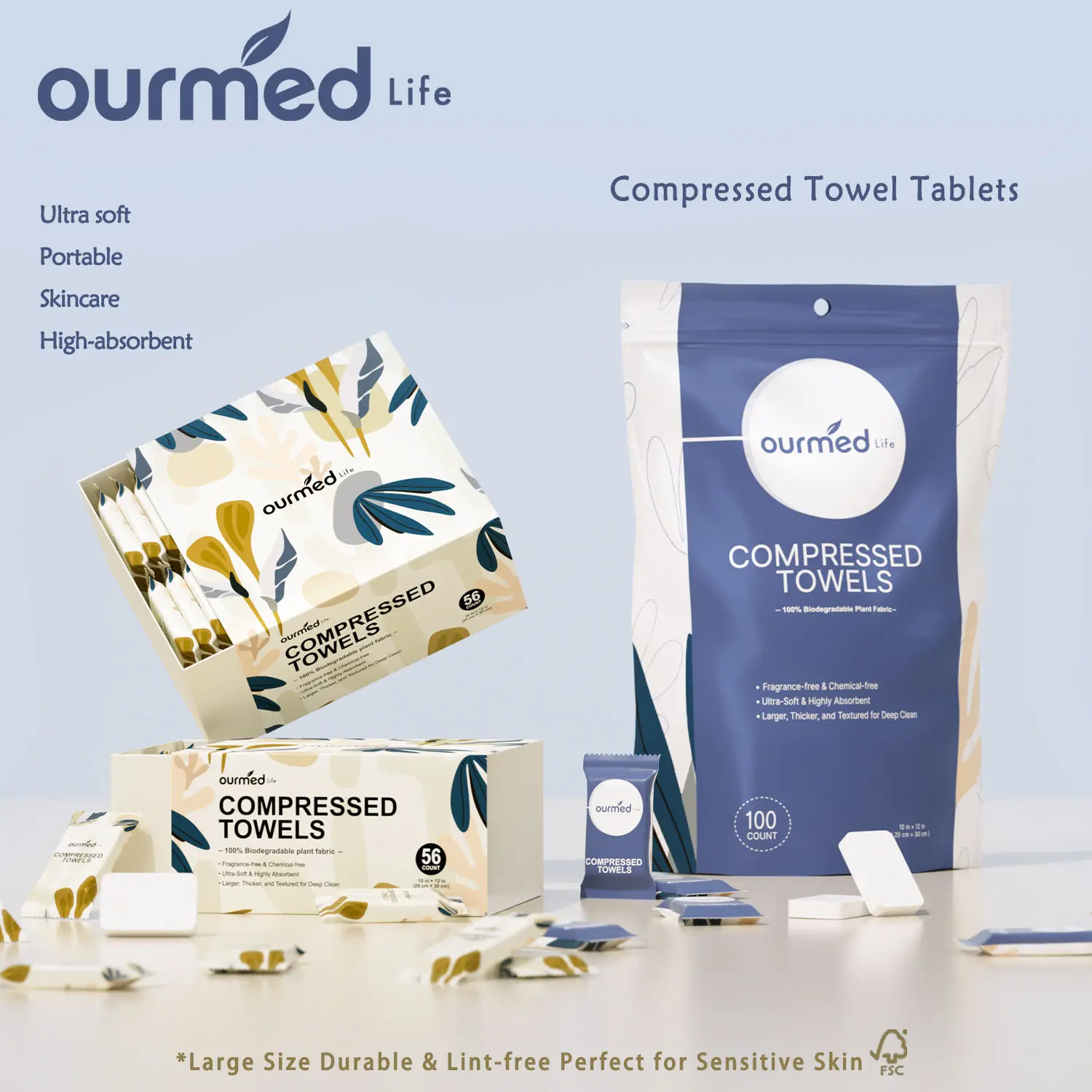 Ourmed Life Rayon-Viscose Disposable Compressed Towel Tablets - Individually Wrapped, Quick-Expanding with Water, Soft, Lint-Free, 12"x10" Single Use Towelette for Adventure, Cleaning (112 Count, 2 Pack, Bagged/Boxed Options)