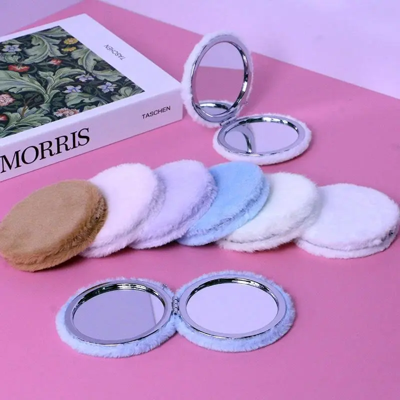 Mini Round Plush Makeup Mirror Compact Portable Mini Round Cosmetic Mirrors Double Sided Folding Pocket Hand Mirror for Girls