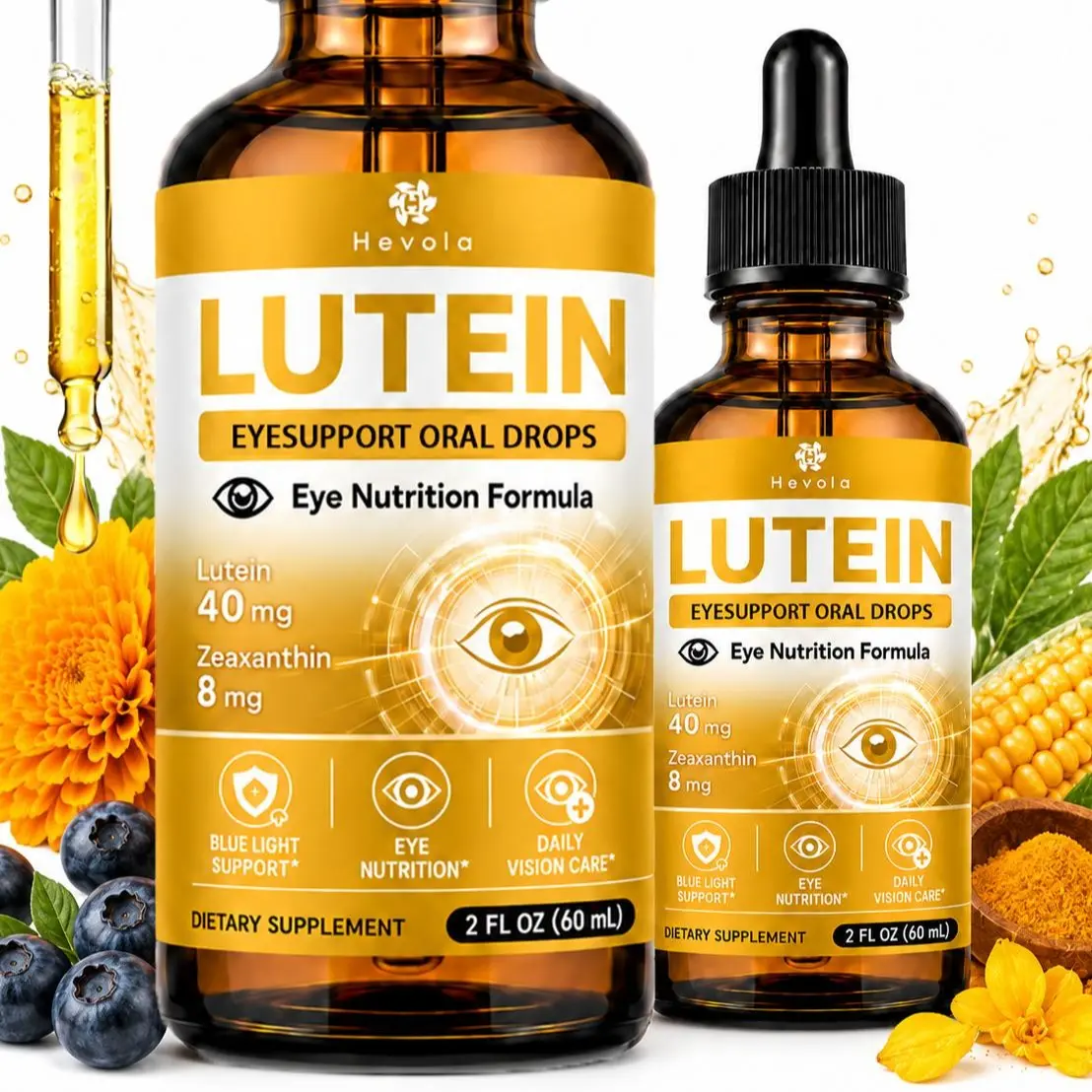 Hevola Lutein Eye Support Oral Drops, 40mg Lutein & 8mg Zeaxanthin, Liquid Eye Nutrition Formula, Daily Vision Care Supplement, 2 Fl Oz (60mL)