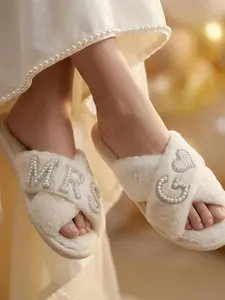 Customizable Letter G slippers,X-Strap Plush Soft Slippers with Pearl Rhinestone Heart Design,  Perfect Gift for Wedding and Holidays