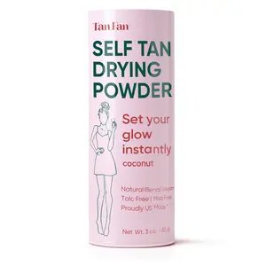 Tan Fan Self Tan Drying Powder – Sets Sunless Tanner, Removes Stickiness Inc Brush + Pouch - Coconut Scented 3oz – Vegan Natural Talc-Free Cruelty-Free USA Made