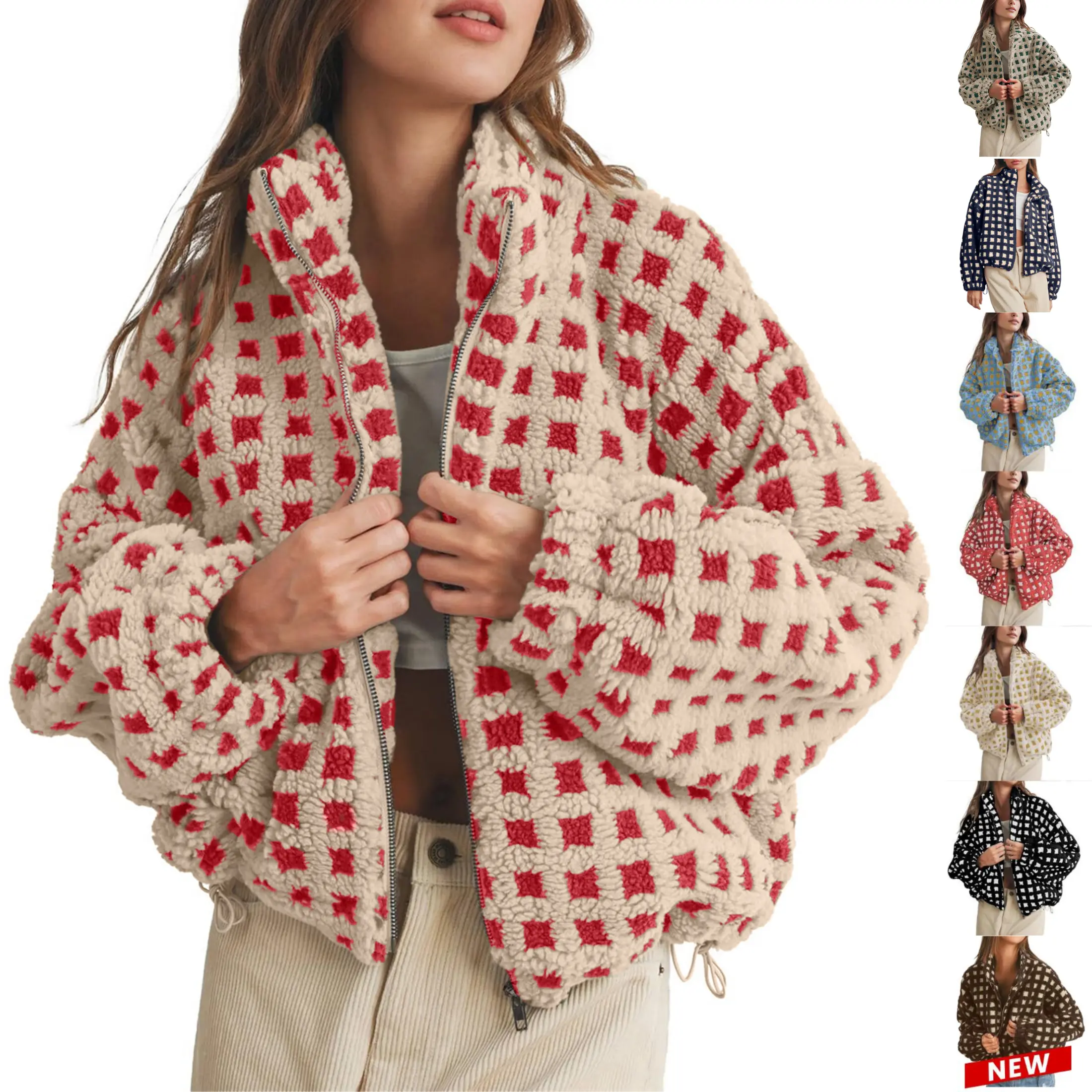 JovenPara Women's Winter Sherpa Fleece Checkered Cropped Jacket - Long Sleeve, Zip Up, Warm, Fuzzy, with Pockets, Casual Outerwear Tops Coats, Longsleeves, Baggy Fit, Athletic, Checkered Pattern, Cute, Dry Clean, Flat Dry, New Year, Plaid, Travel, Xl