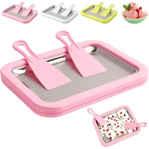 Instant Ice Cream Maker, Rolled Ice Cream Maker, Frozen Yoghurt Plate Instant Gelato Pan Roll, Homemade DIY for Fun Activities Families with 2 Scrapers (Pink)