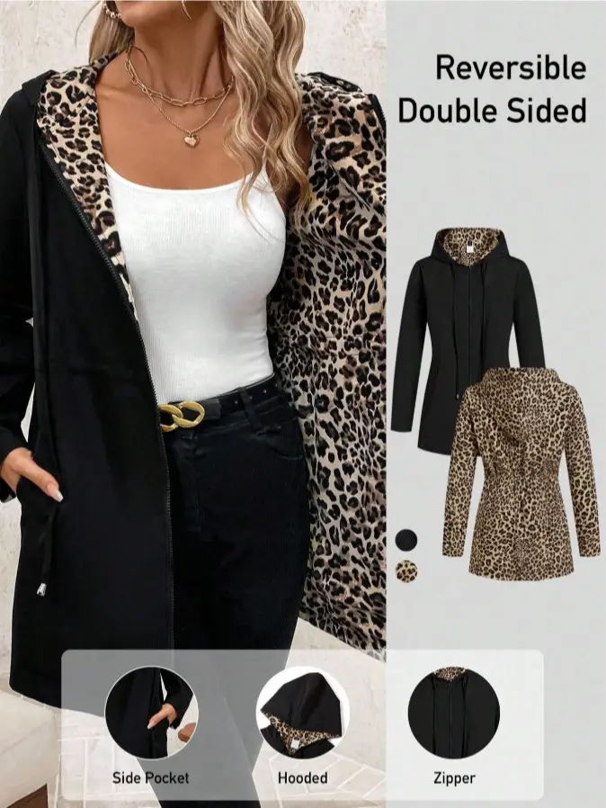 Women’s reversible hooded jacket, leopard print lined zip-up trench coat with drawstring waist and pockets, casual lightweight outerwear