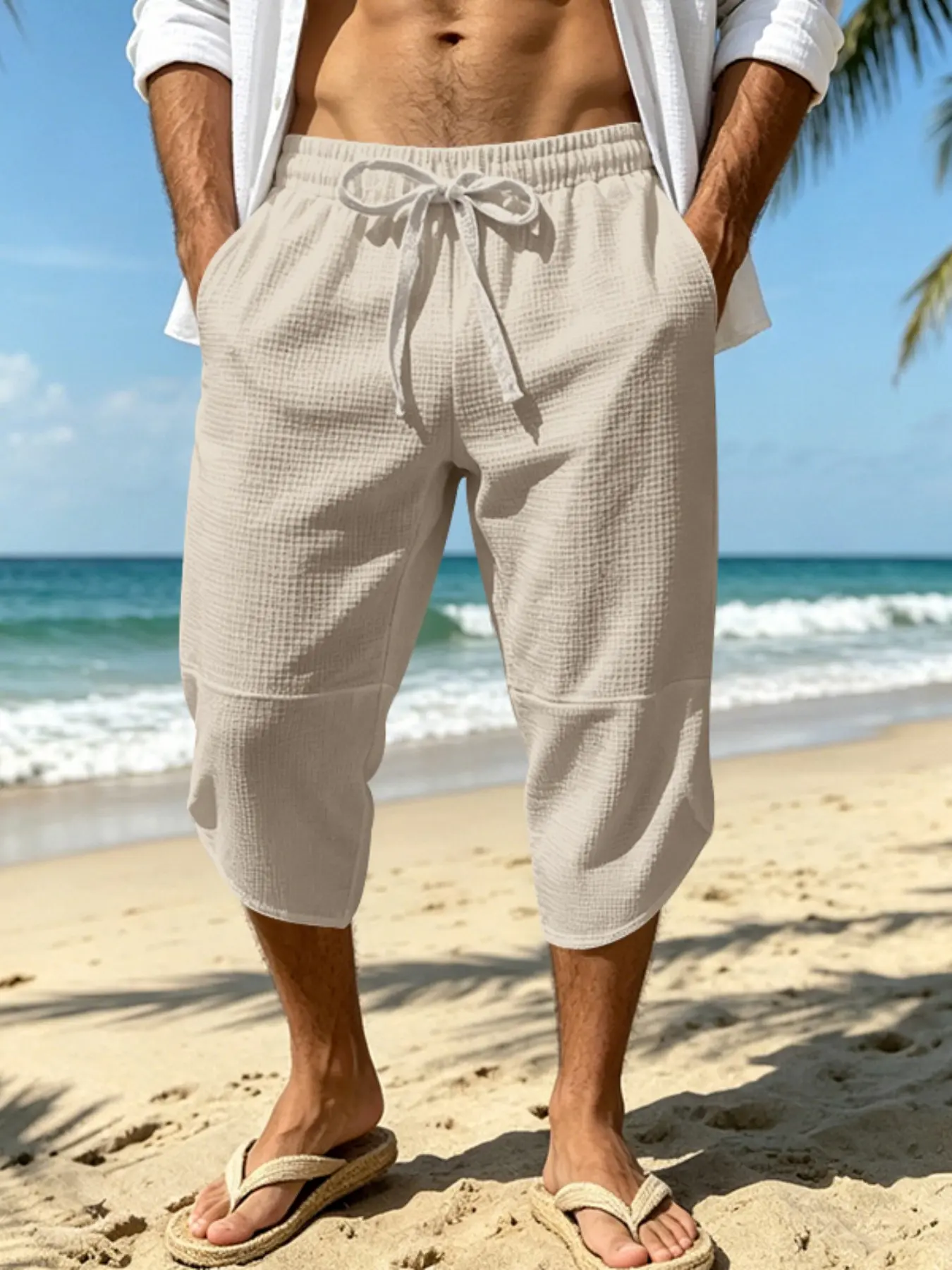 Men's Waffle Knit Capri Pants, Elastic Waist Drawstring Cropped Tropical Beach Pants, Lightweight Breathable Relaxed Fit Summer Casual Trousers For Vacation Lounging, Breathable Plain Bottoms, Casual Wear Bottoms