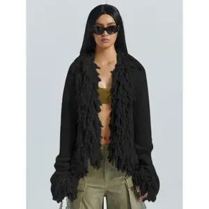 Women's Solid Fringe Trim Long Sleeve Cardigan, Casual Open Front Knit Outerwear for Fall & Winter, Women's Knitwear for Daily Wear