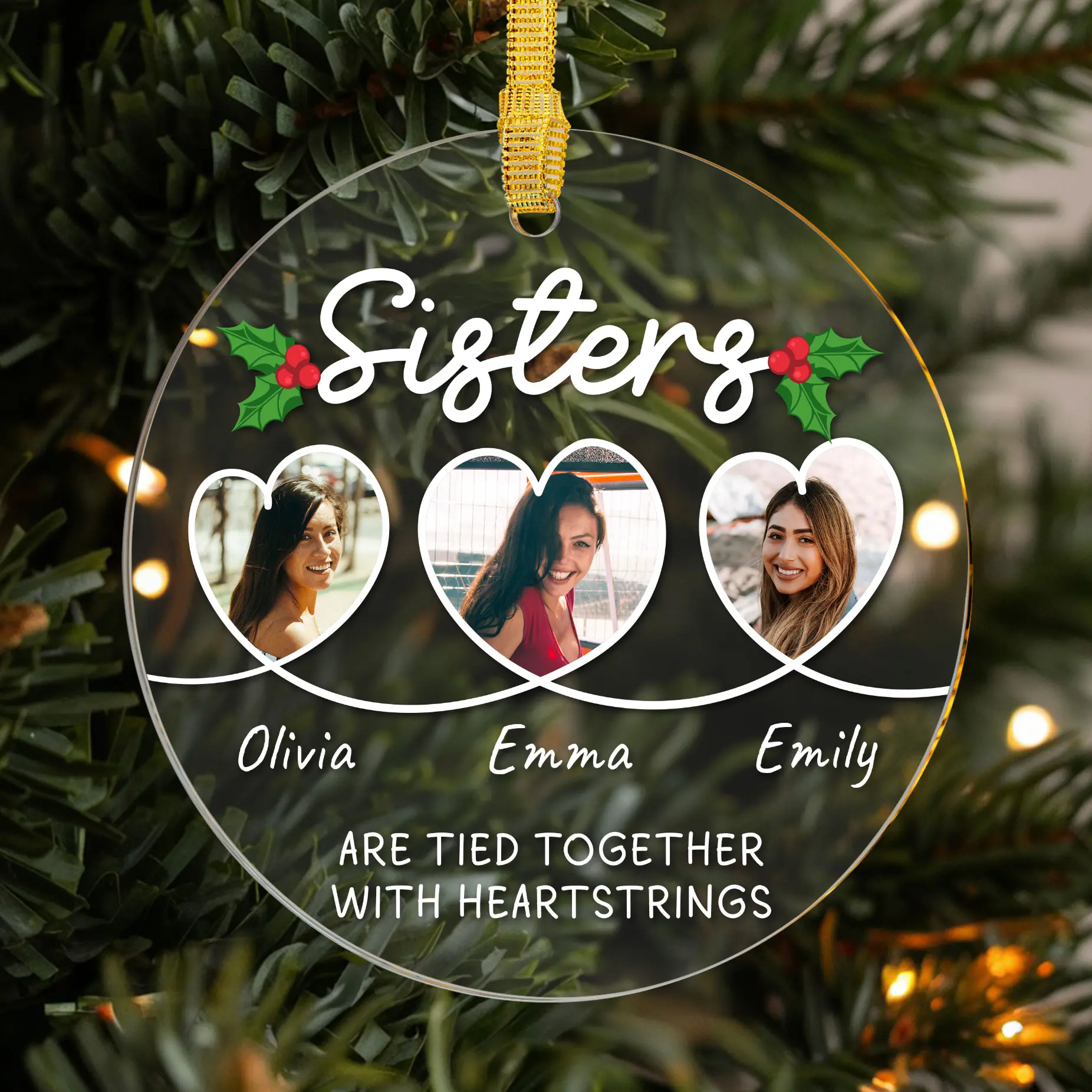 Personalized Sisters Christmas Ornament 2024 – Custom Photo Heartstring Design, Unique Holiday Keepsake for Sisters