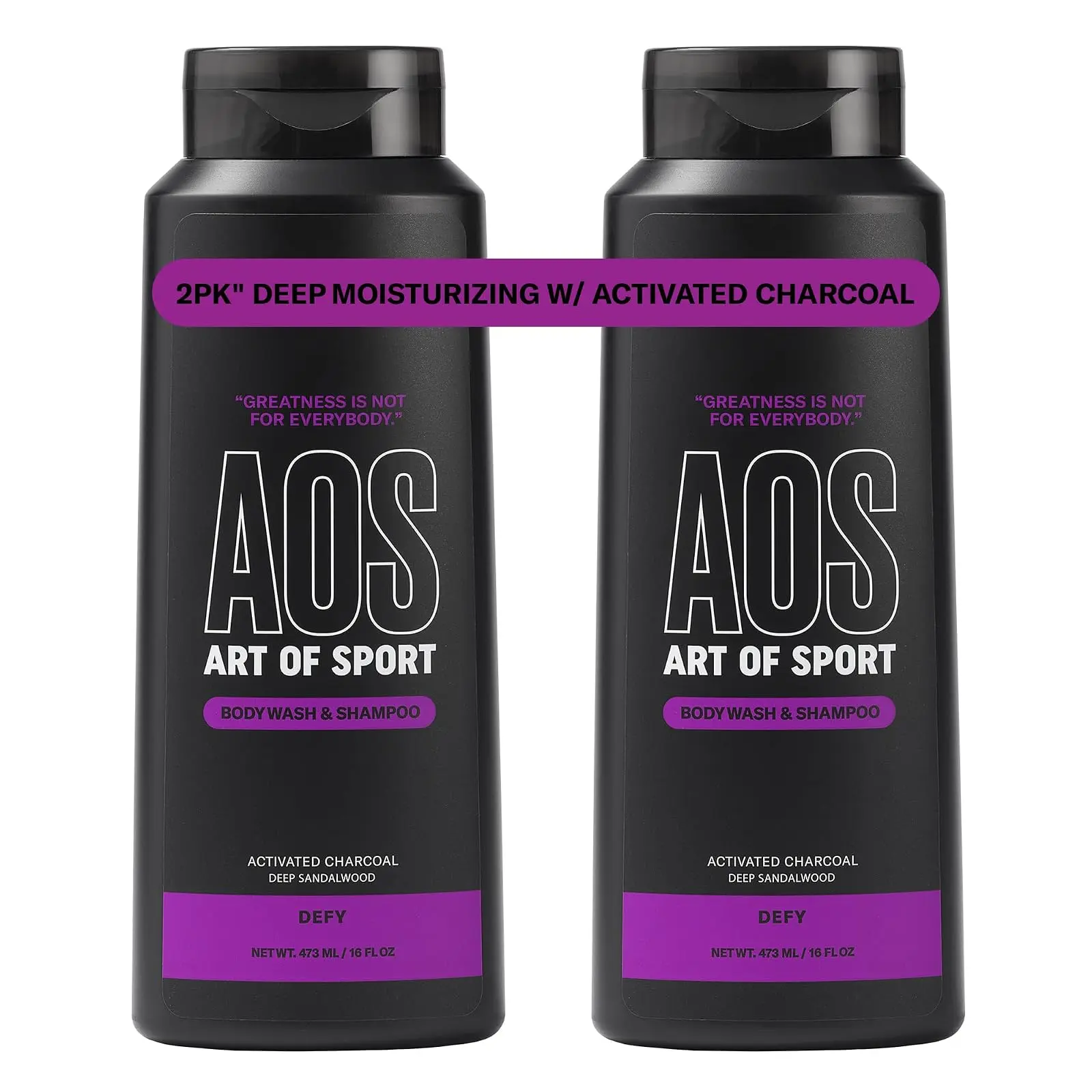 Art of Sport Mens 2-in-1 Body Wash and Shampoo with Charcoal Activated, Sandalwood Fragrance, Made for Athletes, Defy Scent, 16 fl oz (Pack of 2)