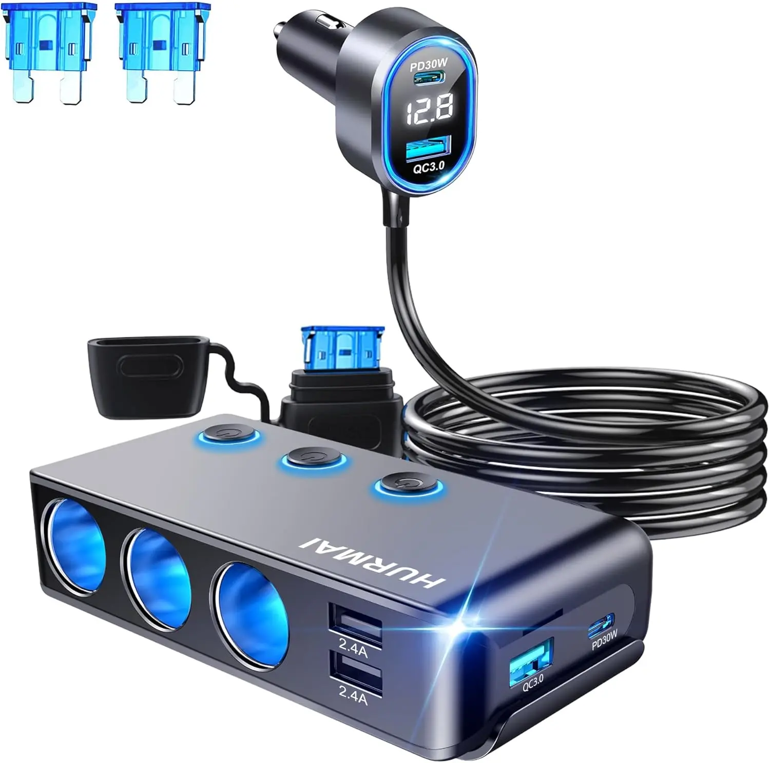9-in-1 Heavy Duty Plastic Car Cigarette Lighter Power Split Charger - 3-Socket Mounted 12V/24V 264W Adapter, Independent Switches, LED Voltmeter, USB-C QC3.0 PD 30W USB Port, Heavy Duty Protection for Trucks, Chargers, 3-Socket Mounted Charger