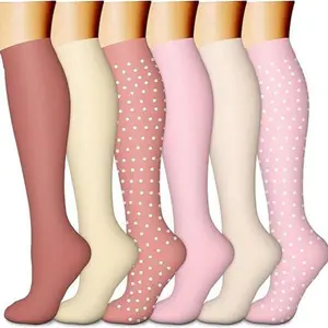 6 Pairs Over-the-Knee Compression Socks Pink Cream Mauve with Polka Dots Nylon Blend Moisture Wicking Breathable Day Lightweight Pastel Women's Wear Festival Party Cozy Socks