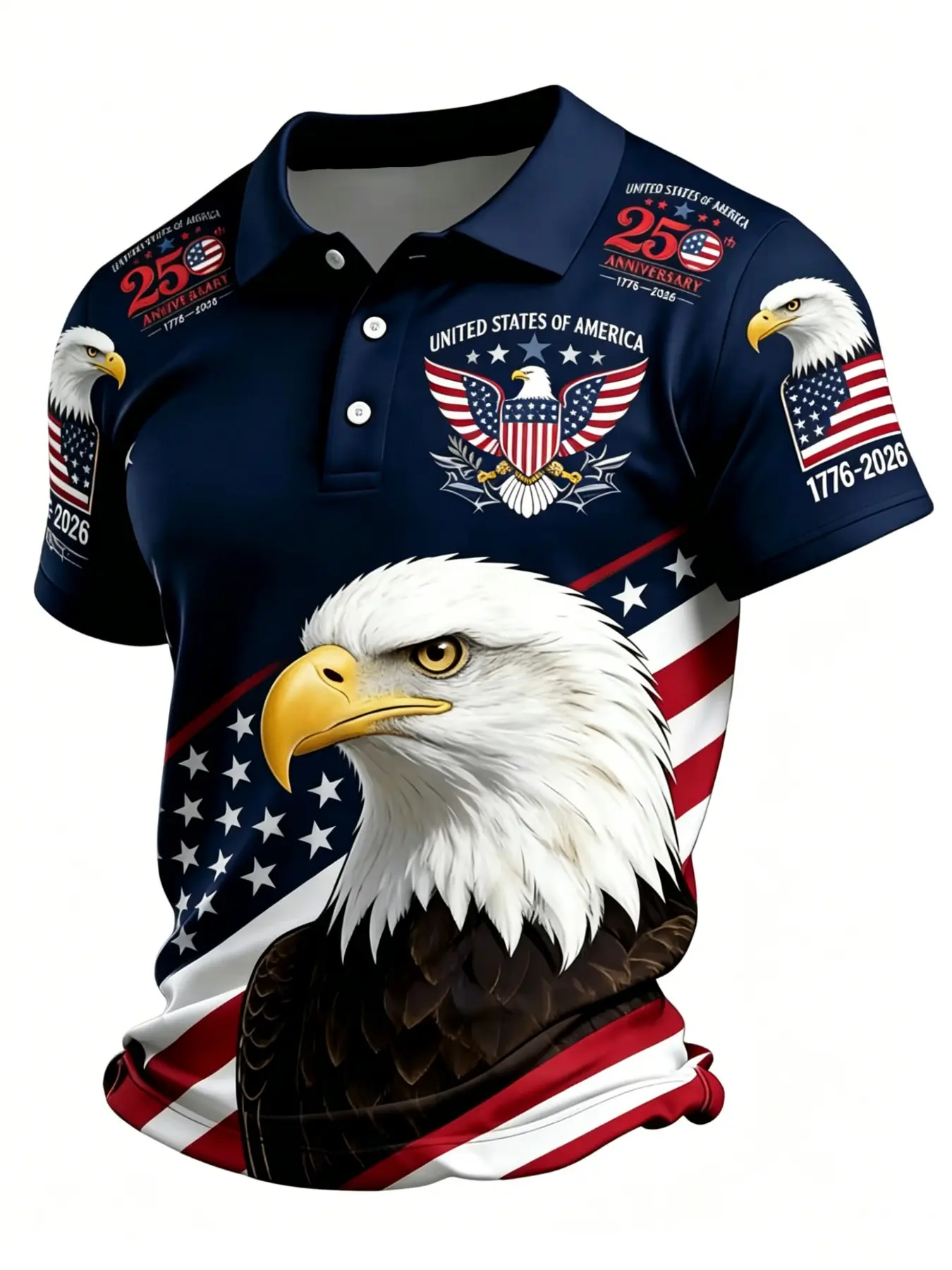 Men's Casual Sport Short Sleeve Polo, Casual Athletic Style, Usa 250th Anniversary Eagle and Flag Print, Polyester Fabric, Breathable, Fitted, Casual Sportswear, Casual Athletic Apparel