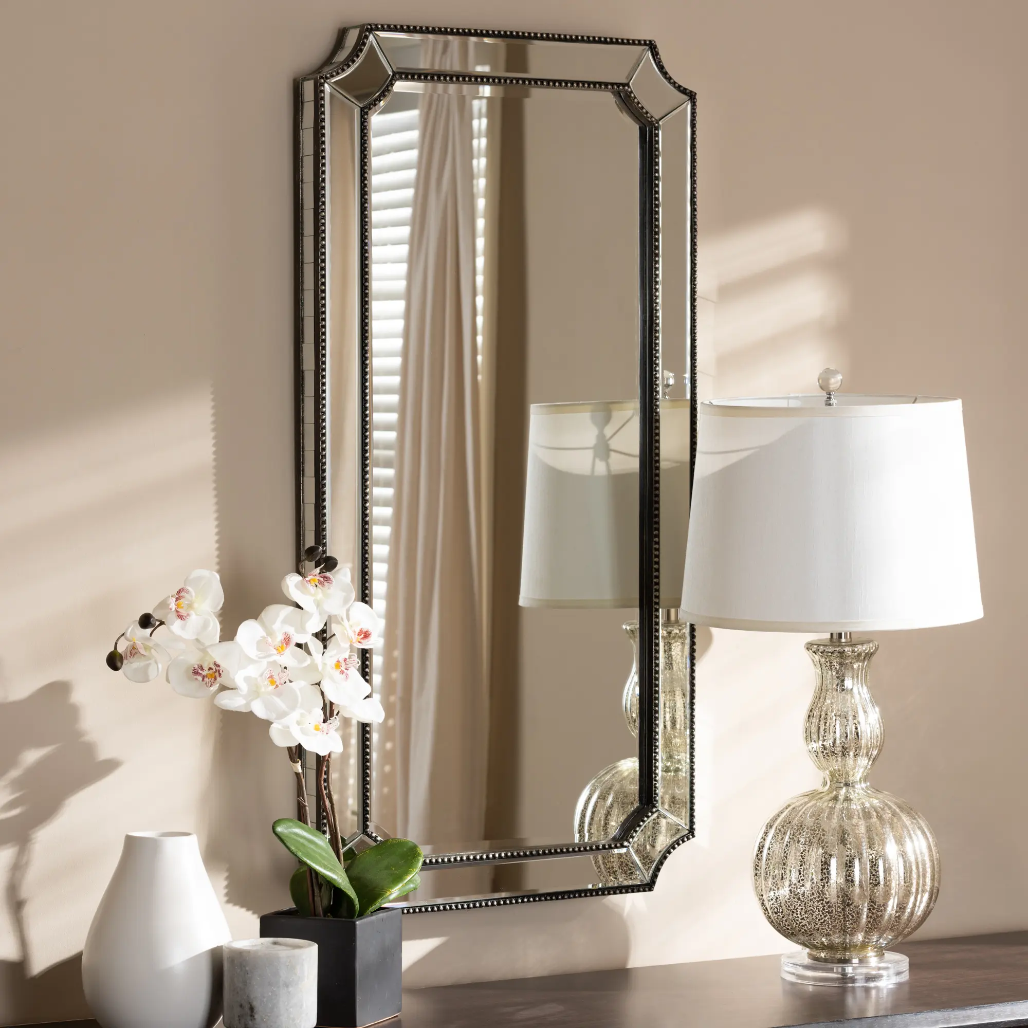 Baxton Studio Romina Traditional Decorative Wall Mounted Mirror - Antique Silver Finish, Glam Home Decor, Bevelled Edges, Mirror & MDF, 20" Wide, 2.75" Deep