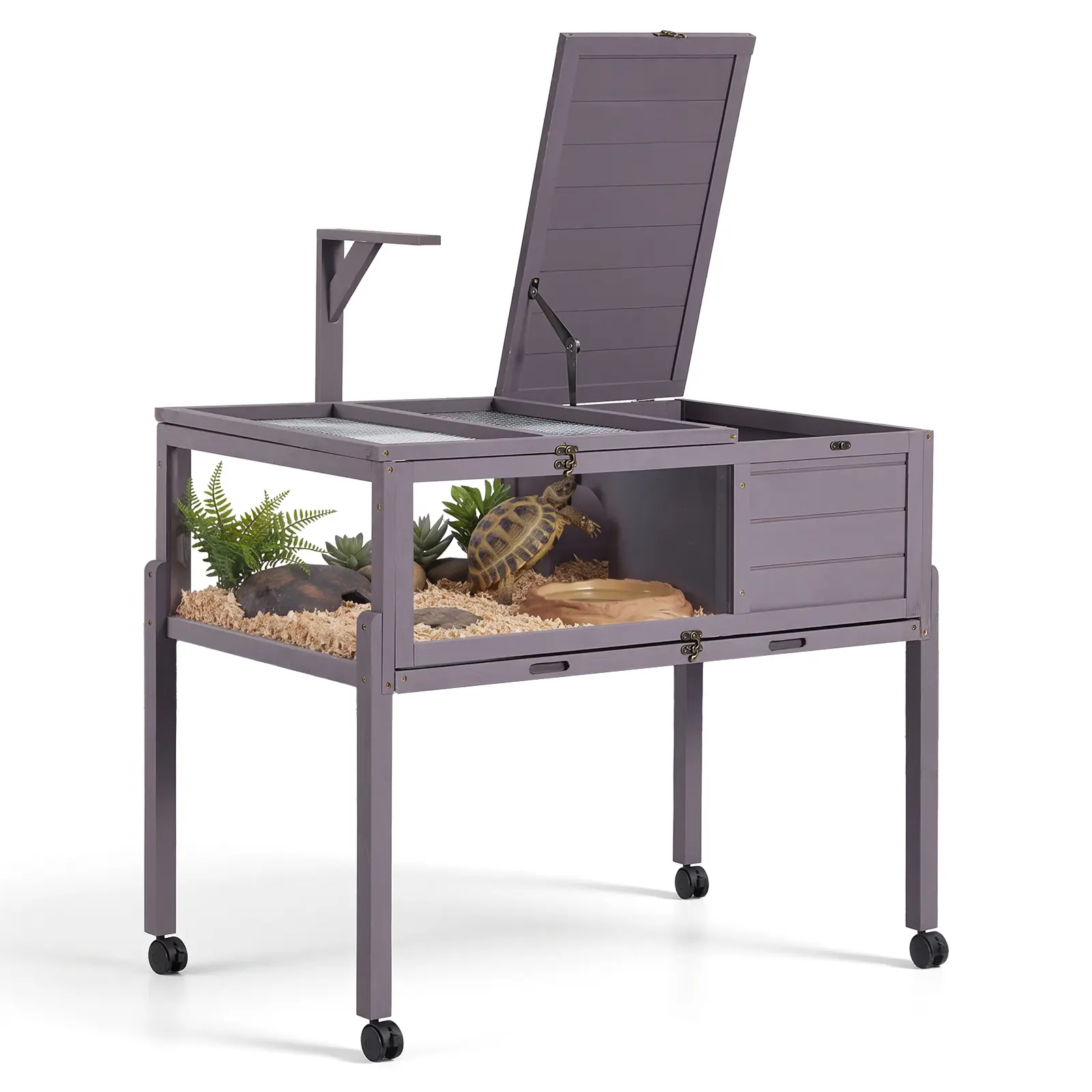 VEVOR Tortoise Habitat 2-Room Wooden Tortoise House with Swivel Casters, for Small Animals Indoor Outdoor, Pull-Out Tray, Lamp Stand, Turtle Enclosure Reptile Cage with Openable Roof, Viewing Window