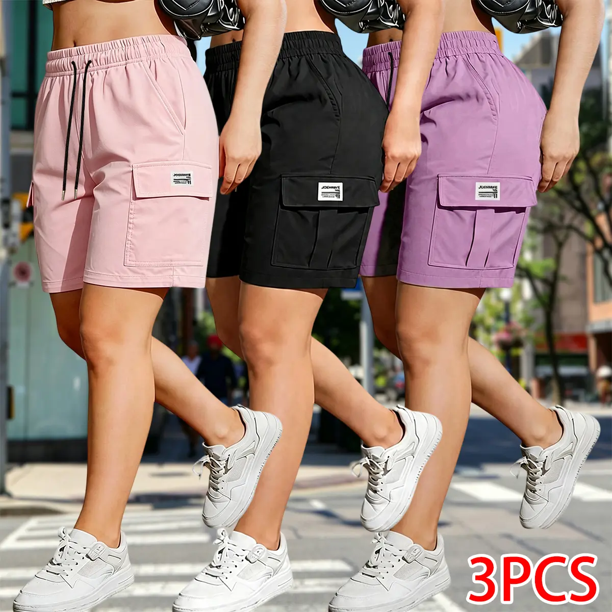 Pack of 3 women’s outdoor cargo shorts—breathable, quick-drying, multi-pocket design, solid color, drawstring elastic waistband; suitable for outdoor sports and casual wear; summer shorts, women’s shorts.,back to school shopping