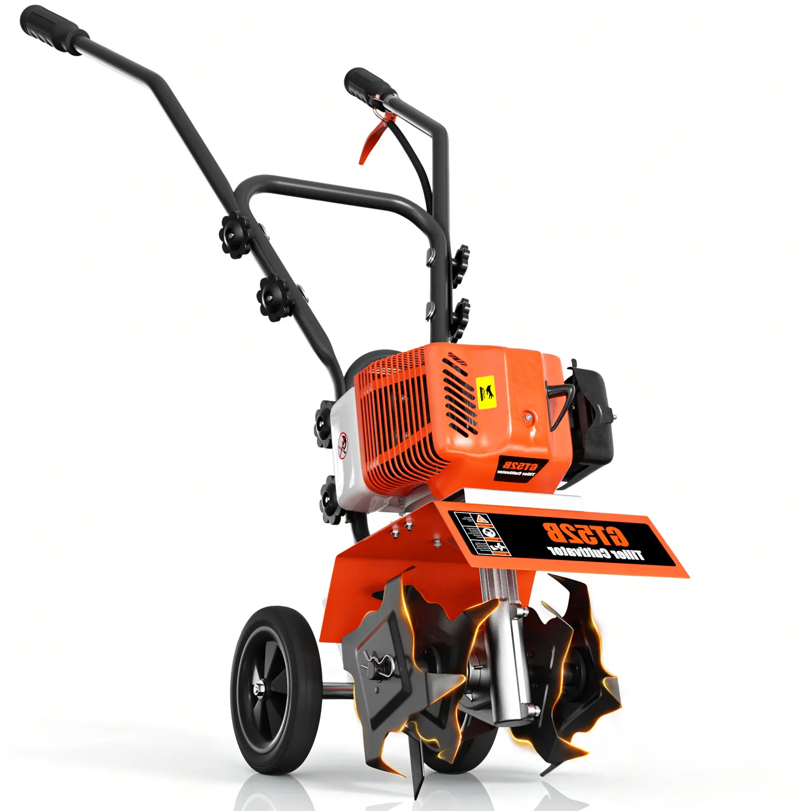 62CC Gas Tiller Cultivator,2 Stroke Gasoline Powered Rototiller,1.5KW 7500RPM,10in Working Width 5in Working Depth, Heavy Duty Garden Tiller for Lawn Yard Soil Cultivation (Orange)