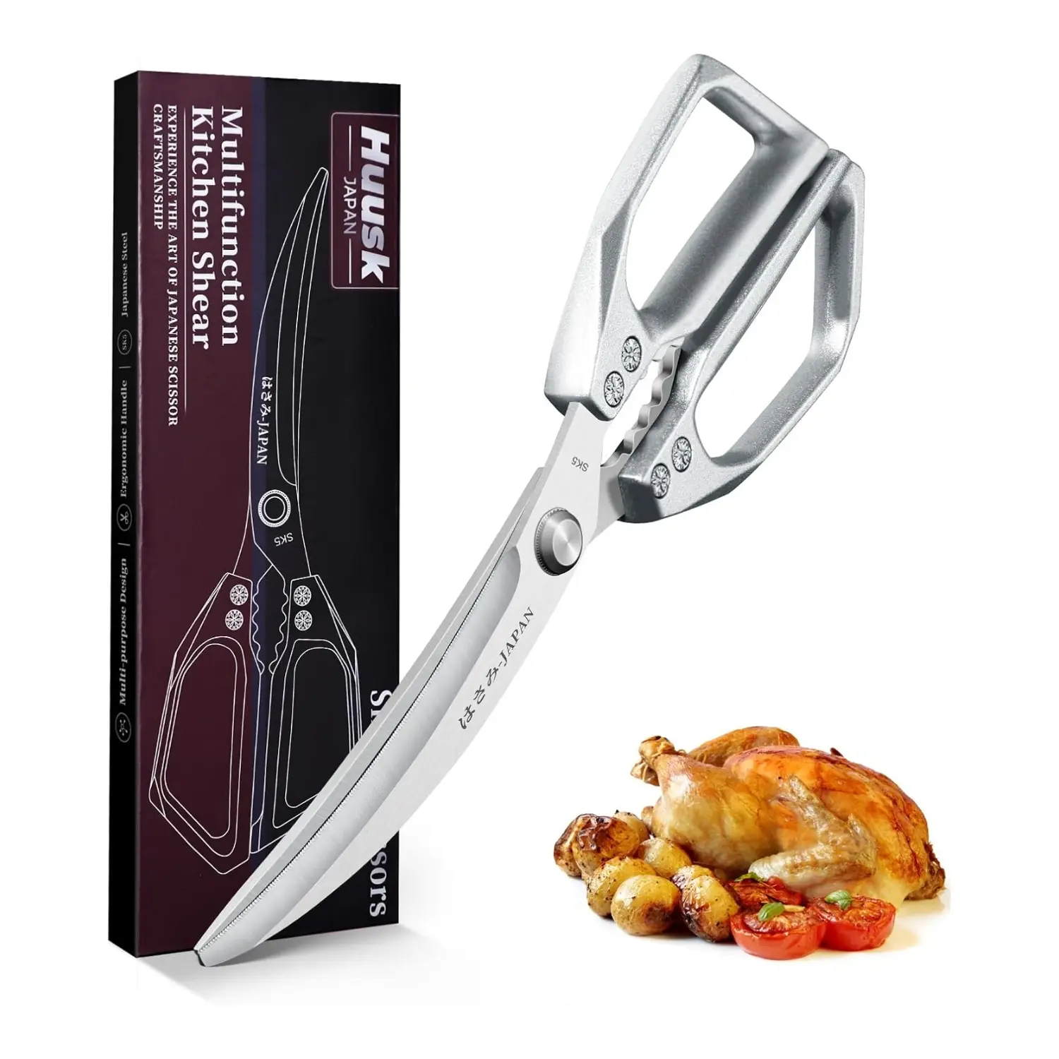 HUUSK Kitchen Scissors Silver - Stainless Steel Kitchen Shears for Food, Japanese Cooking Scissor, Sharp Meat Scissors Dishwasher Safe, Heavy Duty Poultry Shears for Chicken Bones, and Turkey