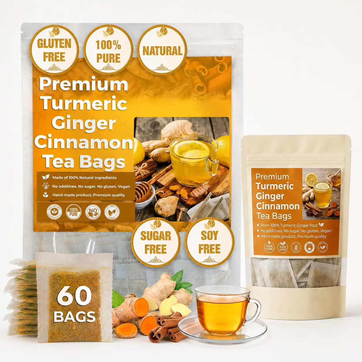 Ginger Tea,Artisan-crafted,zero-waste tea bags,No additives,caffeine-free,gluten-free,vegan-friendly,naturally soothing.