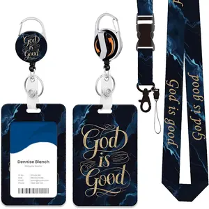 Teacher ID Badge Holder Set with Lanyard and Card Case, Nameplate, Blue Background Design, Personalized Lanyard, Durable Keychain, 360 Degree Rotating Clip