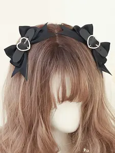 Cool Japanese Style Bow Lolita Gothic PU Heart Hair Clips, Unique Personality Punk Jk Sweet Heart Lolita Accessories Yk2, Clip In