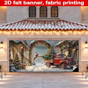 Christmas Garage Banner, Durable Polyester Material, Vintage Truck with Decorated Christmas Tree, Festive Holiday Scene, Party Decoration, Party Decorations Banners