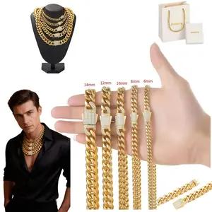 Stainless Steel Men's Cuban Chain, Ear-Style Clasp / Gold / Gold-Plated Miami Cuban Chain Necklace, Widths: 6mm/8mm/10mm/12mm/14mm, Fade-Resistant and Durable, Hip-Hop Style Men's Jewelry, Length: 7.5“–30”, Comes with a Gift Box