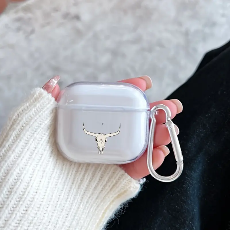 Bovine Skull Silhouette Pattern TPU Soft Protective Case for Apple AirPods 4/3/2/1/Pro/Pro2 Transparent Earphone Cover with Keychain Attachment