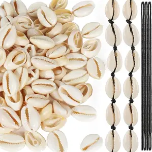 120 PCS Open Back Natural Spiral Shell Beads Smooth Cut Oval Seashells Beach Seashells Cowrie Shells Charm Beads with Big Hole & 5.5 Yard Black Waxed Cotton Cord for DIY Craft Jewelry Making