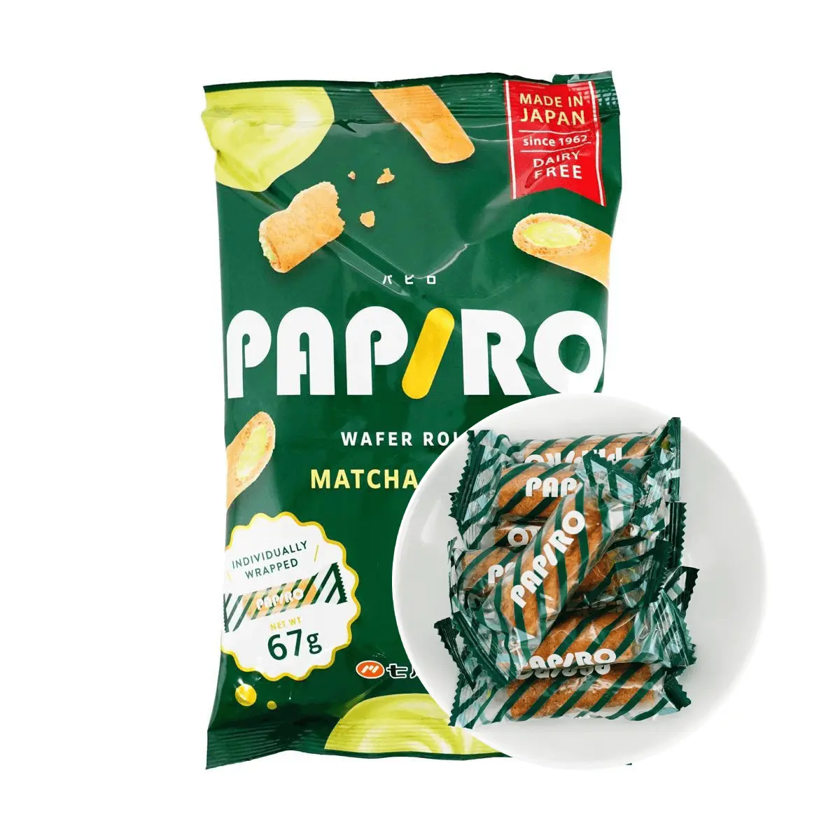 NANAO PAPIRO Matcha Cream Wafer Rolls 67g - Authentic Japanese Green Tea Snack